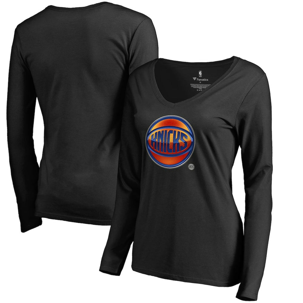 Black New York Knicks Women's Midnight Mascot Long Sleeve V-Neck T-Shirt | NBA
