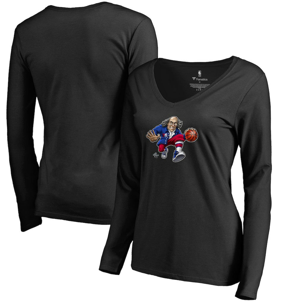 Black Philadelphia 76ers Women's Midnight Mascot Long Sleeve V-Neck T-Shirt | NBA
