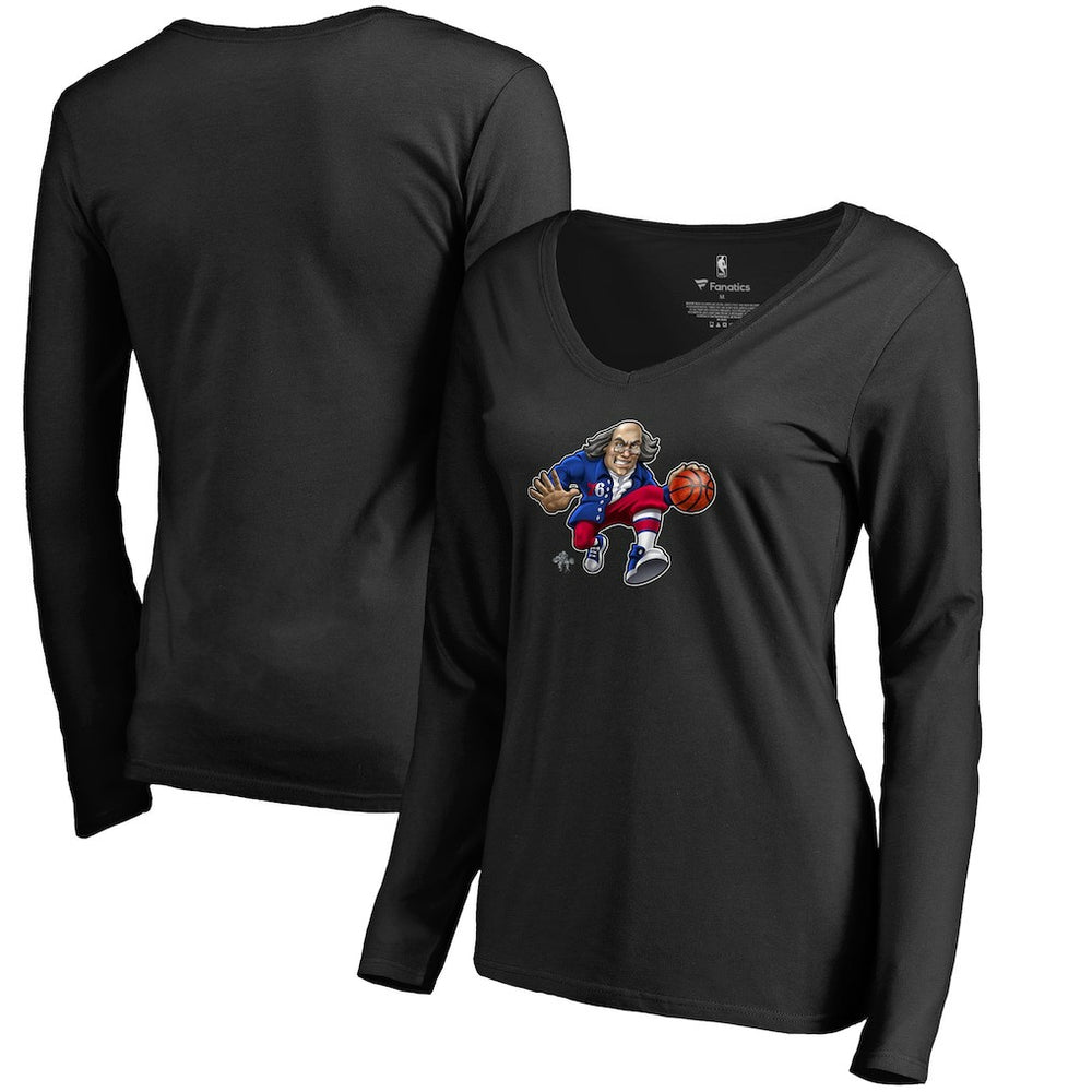 Black Philadelphia 76ers Women's Midnight Mascot Long Sleeve V-Neck T-Shirt | NBA