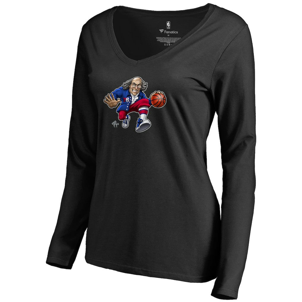 Black Philadelphia 76ers Women's Midnight Mascot Long Sleeve V-Neck T-Shirt | NBA