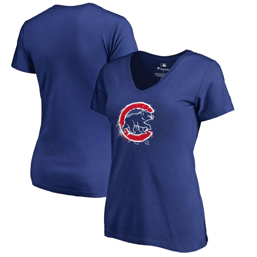 Chicago Cubs Women's Splatter Logo V-Neck T-Shirt - MLB T-shirts