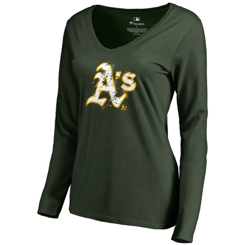 Athletics Women's Splatter Logo Long Sleeve V-Neck T-Shirt - MLB T-shirts