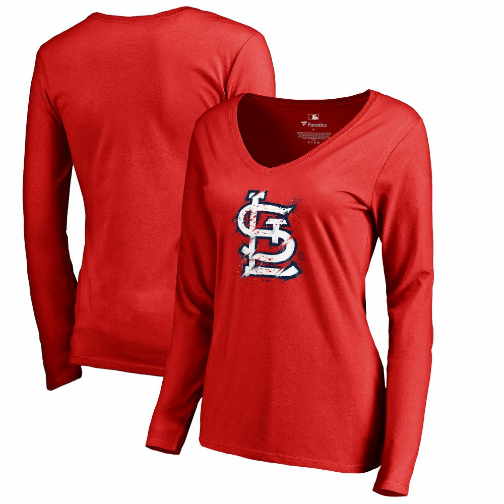 St. Louis Cardinals Women's Splatter Logo Long Sleeve V-Neck T-Shirt - MLB T-shirts