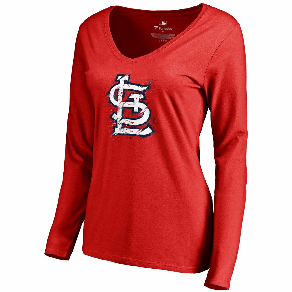 St. Louis Cardinals Women's Splatter Logo Long Sleeve V-Neck T-Shirt - MLB T-shirts