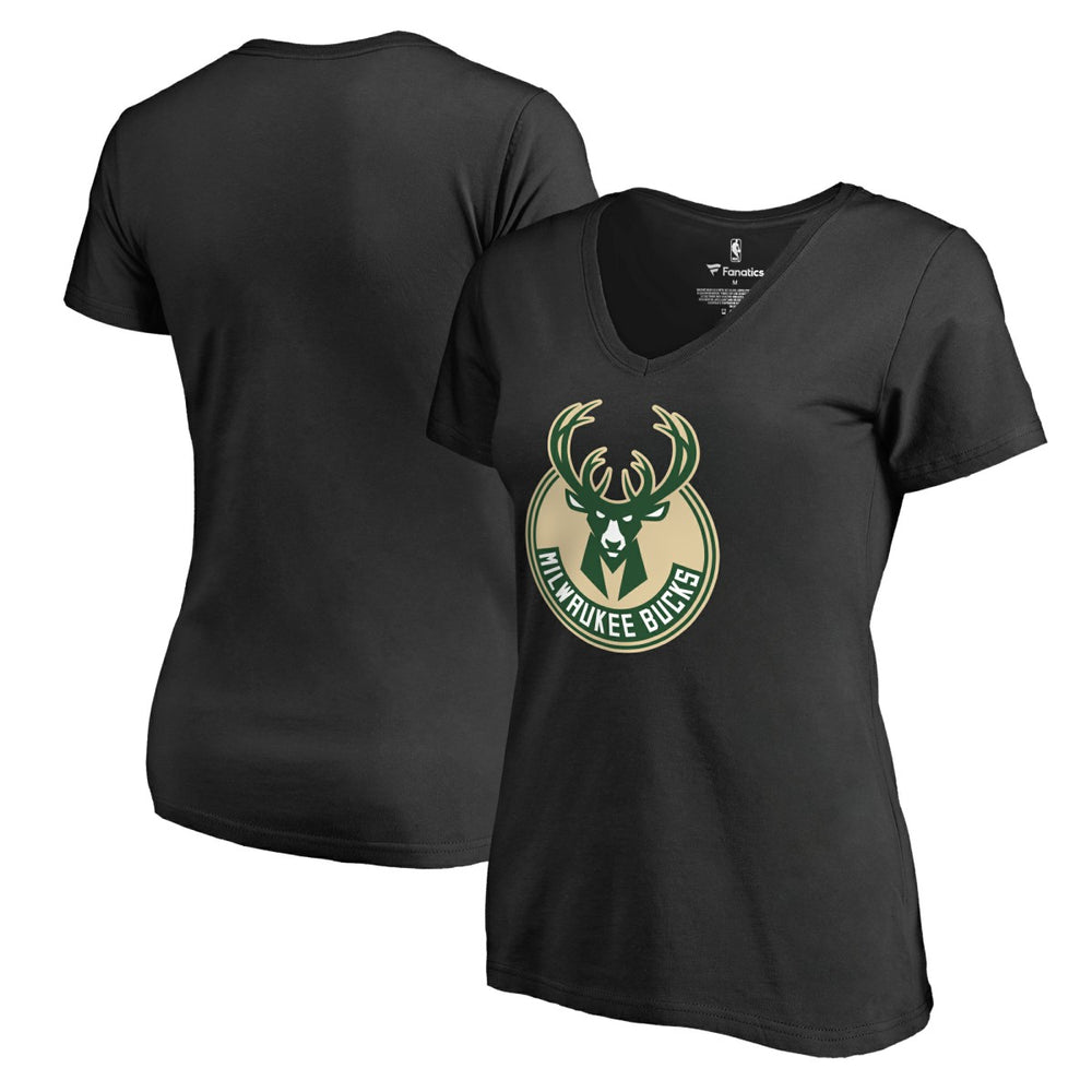 Black Milwaukee Bucks Women's Primary Logo V-Neck T-Shirt | NBA