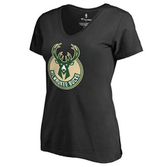 Black Milwaukee Bucks Women's Primary Logo V-Neck T-Shirt | NBA