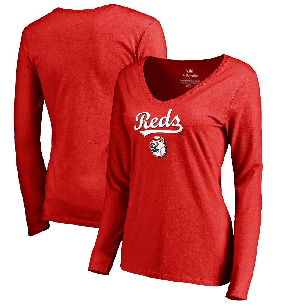 Cincinnati Reds Women's Team Lockup Slim Fit Long Sleeve V-Neck T-Shirt - MLB T-shirts