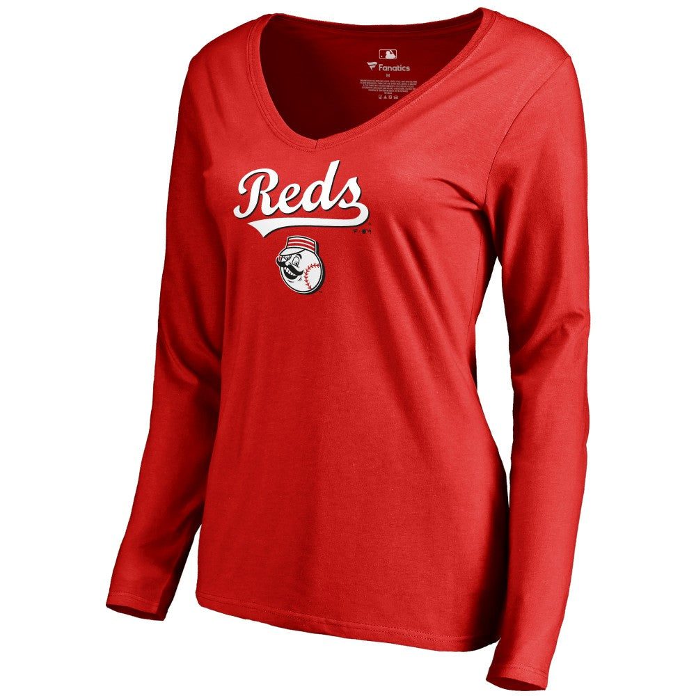 Cincinnati Reds Women's Team Lockup Slim Fit Long Sleeve V-Neck T-Shirt - MLB T-shirts