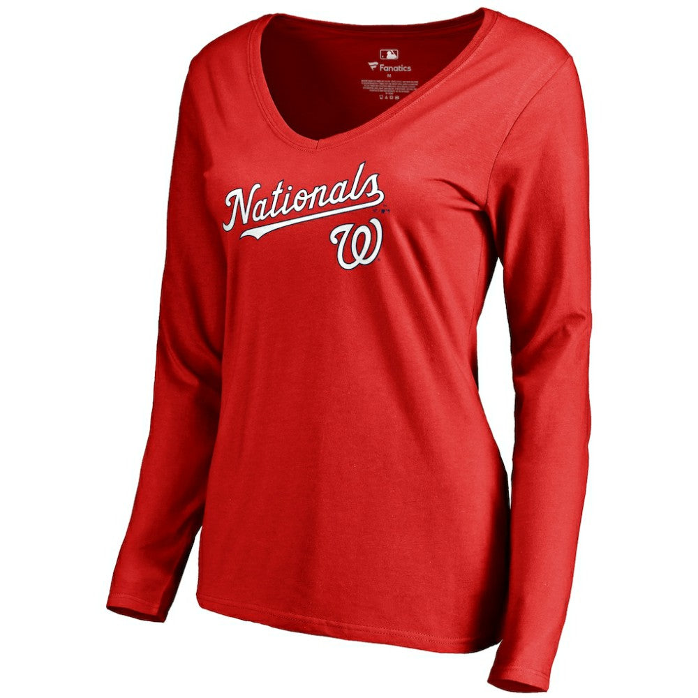 Washington Nationals Women's Team Lockup Slim Fit Long Sleeve V-Neck T-Shirt - MLB T-shirts
