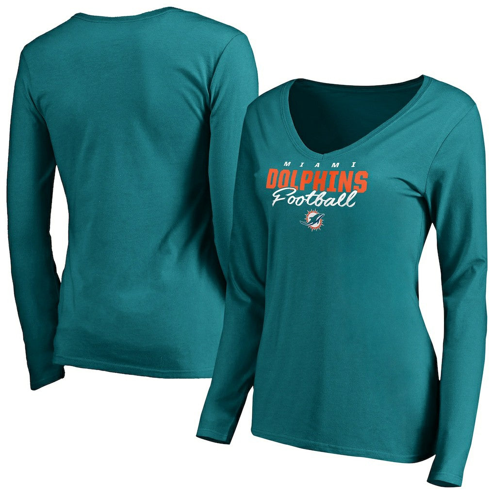 Miami Dolphins Women's Iconic Collection Script Assist Long Sleeve V-Neck T-Shirt | NFL US
