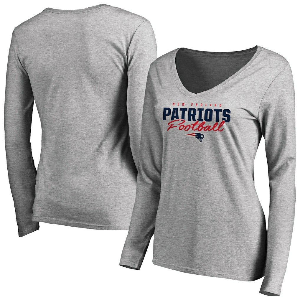 New England Patriots Women's Iconic Collection Script Assist Long Sleeve V-Neck T-Shirt | NFL Outlet