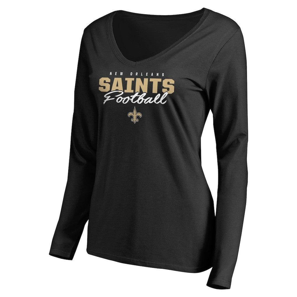 New Orleans Saints Women's Iconic Collection Script Assist Long Sleeve V-Neck T-Shirt | NFL Outlet