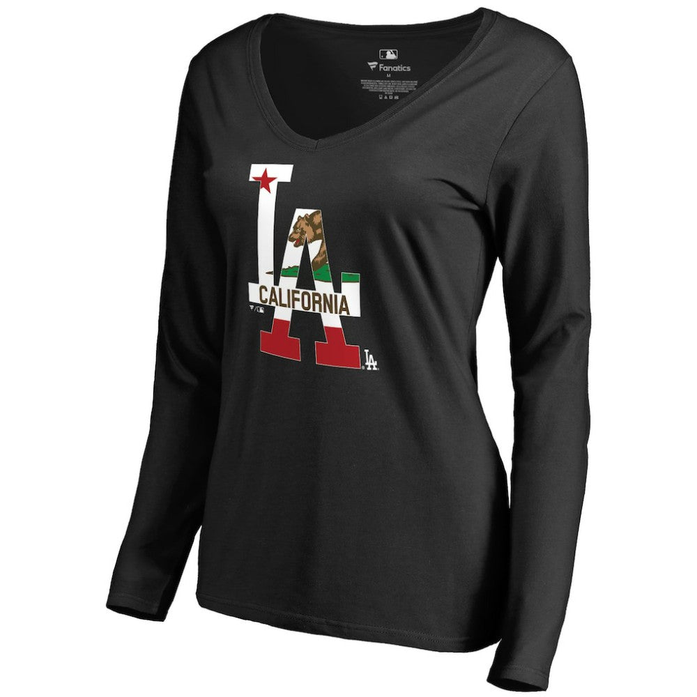 Los Angeles Dodgers Women's Hometown Collection Cali Flag Long Sleeve V-Neck T-Shirt - MLB T-shirts