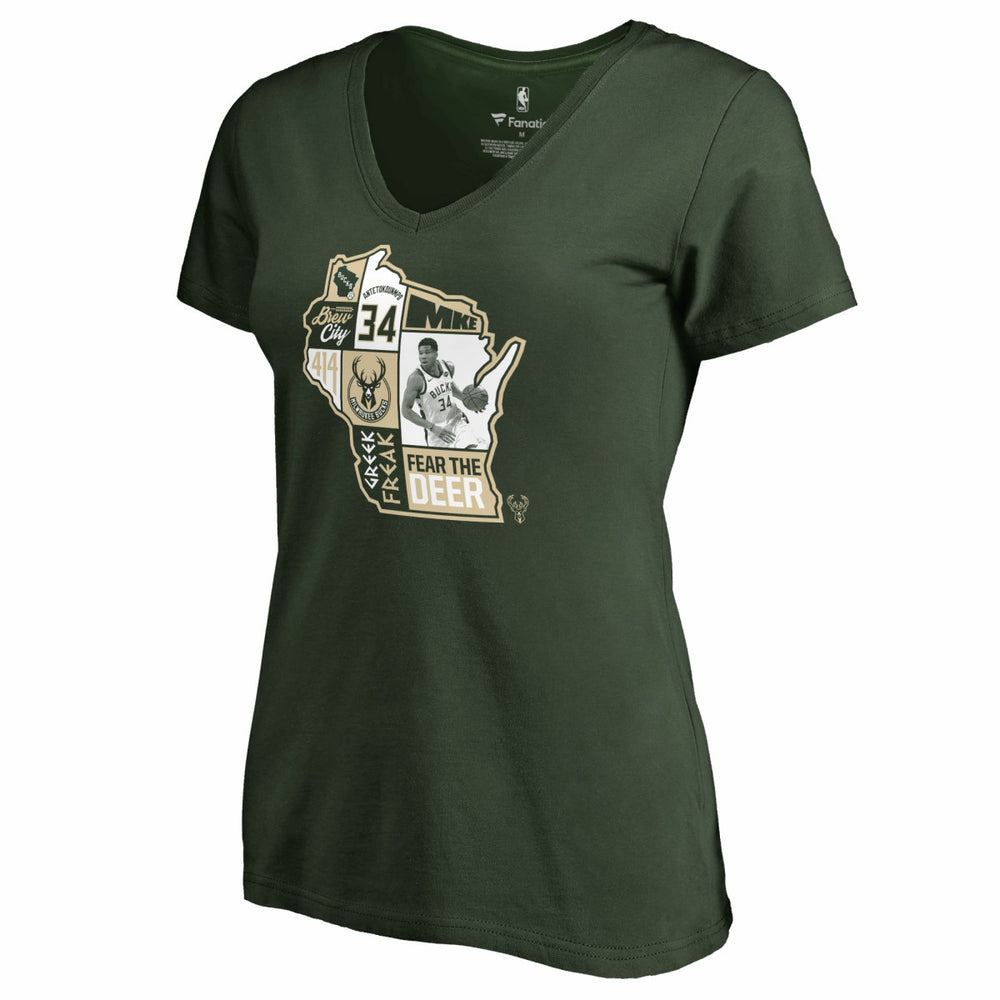 Hunter Green Giannis Antetokounmpo Milwaukee Bucks Women's Player State V-Neck T-Shirt | NBA
