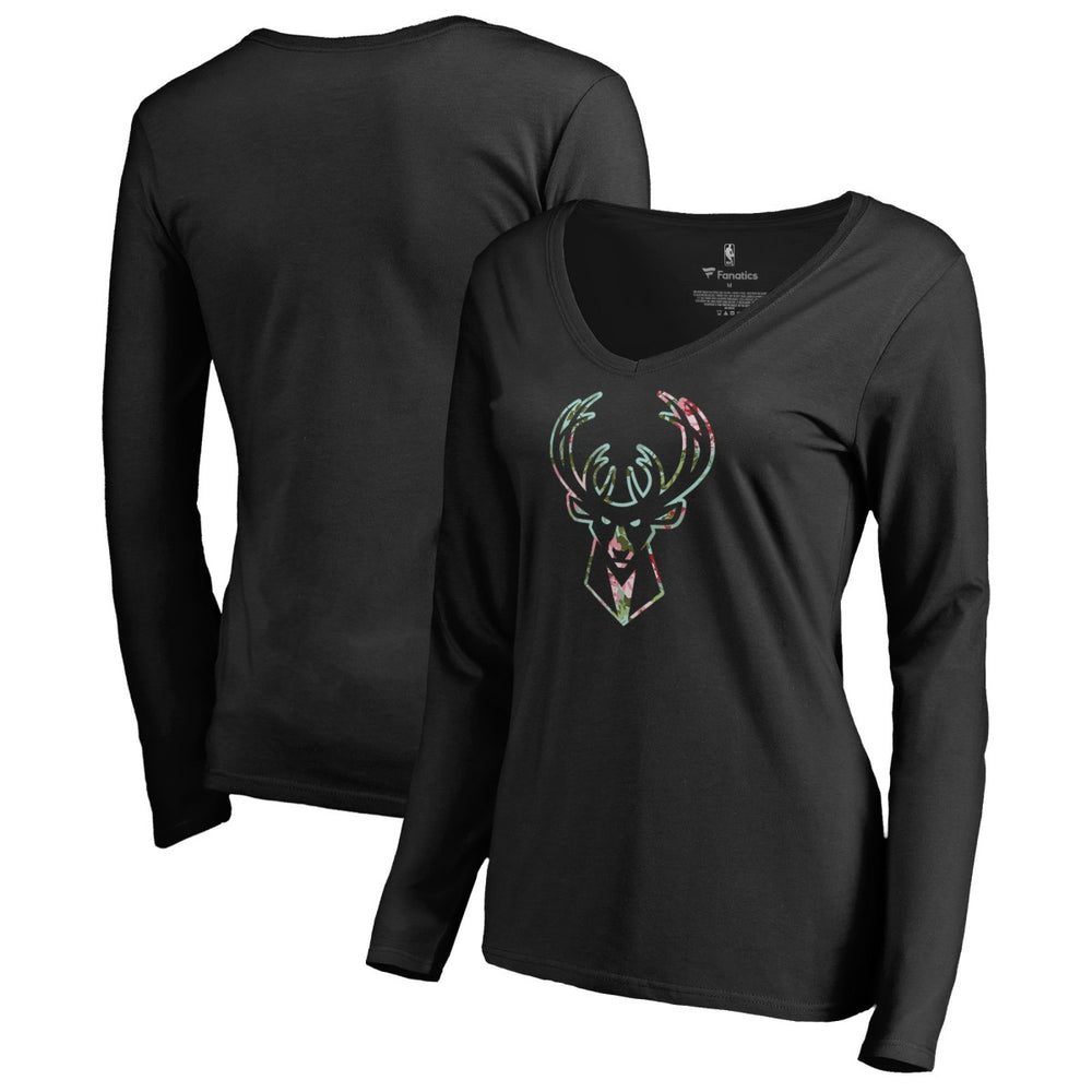 Black Milwaukee Bucks Women's Lovely V-Neck Long Sleeve T-Shirt | NBA