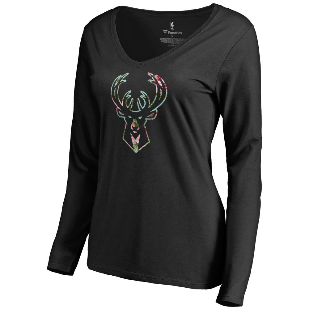 Black Milwaukee Bucks Women's Lovely V-Neck Long Sleeve T-Shirt | NBA