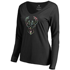 Black Milwaukee Bucks Women's Lovely V-Neck Long Sleeve T-Shirt | NBA