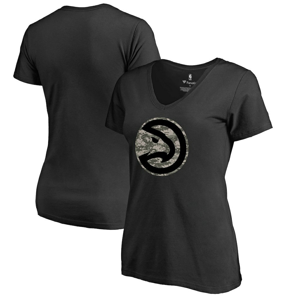 Black Atlanta Hawks Women's Cloak Camo V-Neck T-Shirt | NBA