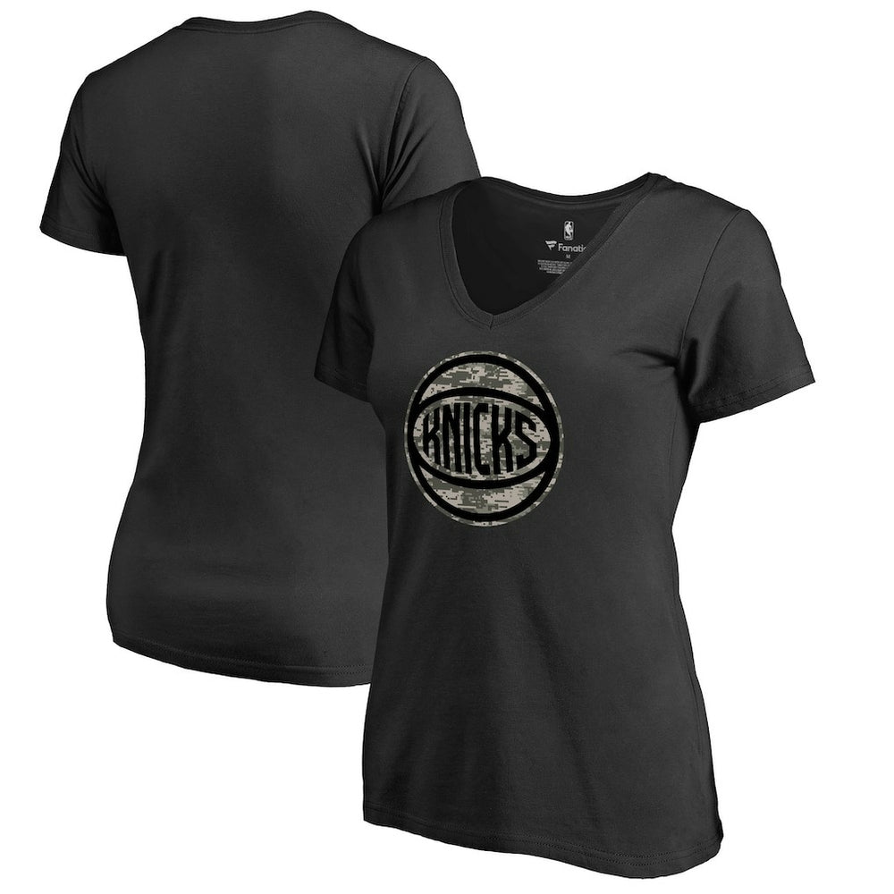 Black New York Knicks Women's Cloak Camo V-Neck T-Shirt | NBA