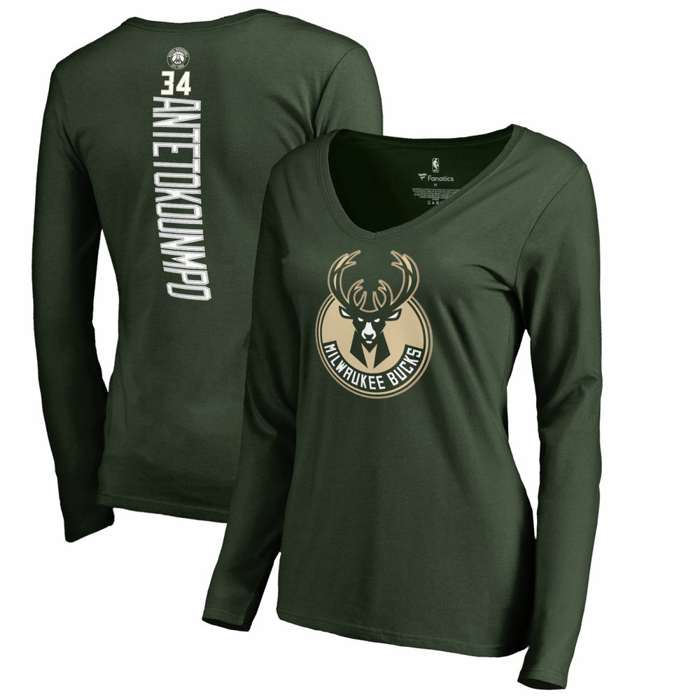 Hunter Green Giannis Antetokounmpo Milwaukee Bucks Women's Team Backer Name & Number Long Sleeve V-Neck T-Shirt | NBA