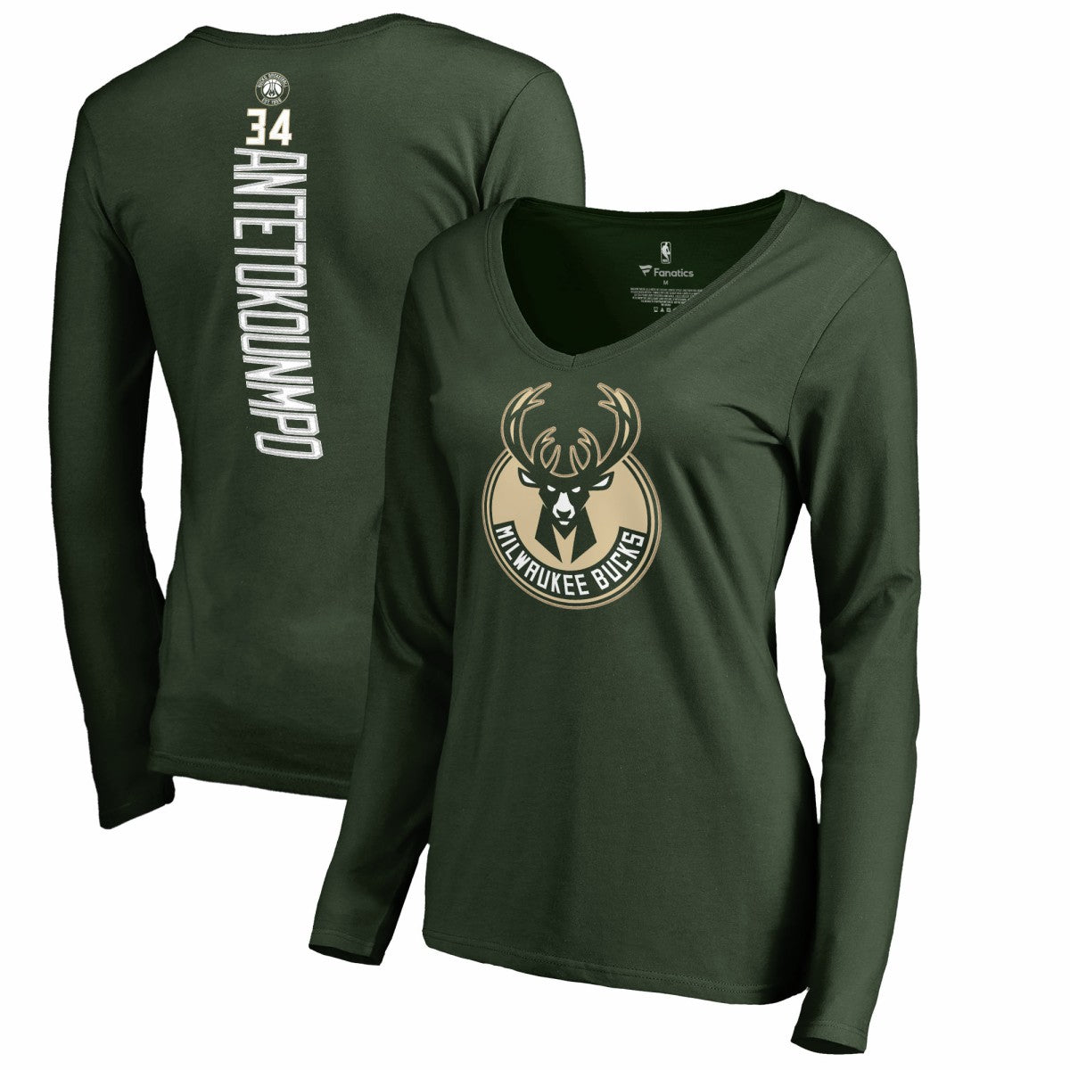 Hunter Green Giannis Antetokounmpo Milwaukee Bucks Women's Team Backer Name & Number Long Sleeve V-Neck T-Shirt | NBA