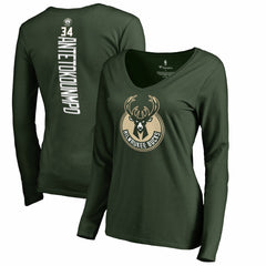 Hunter Green Giannis Antetokounmpo Milwaukee Bucks Women's Team Backer Name & Number Long Sleeve V-Neck T-Shirt | NBA
