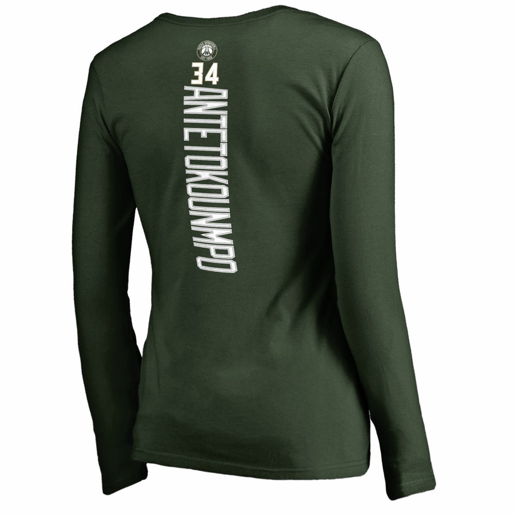 Hunter Green Giannis Antetokounmpo Milwaukee Bucks Women's Team Backer Name & Number Long Sleeve V-Neck T-Shirt | NBA