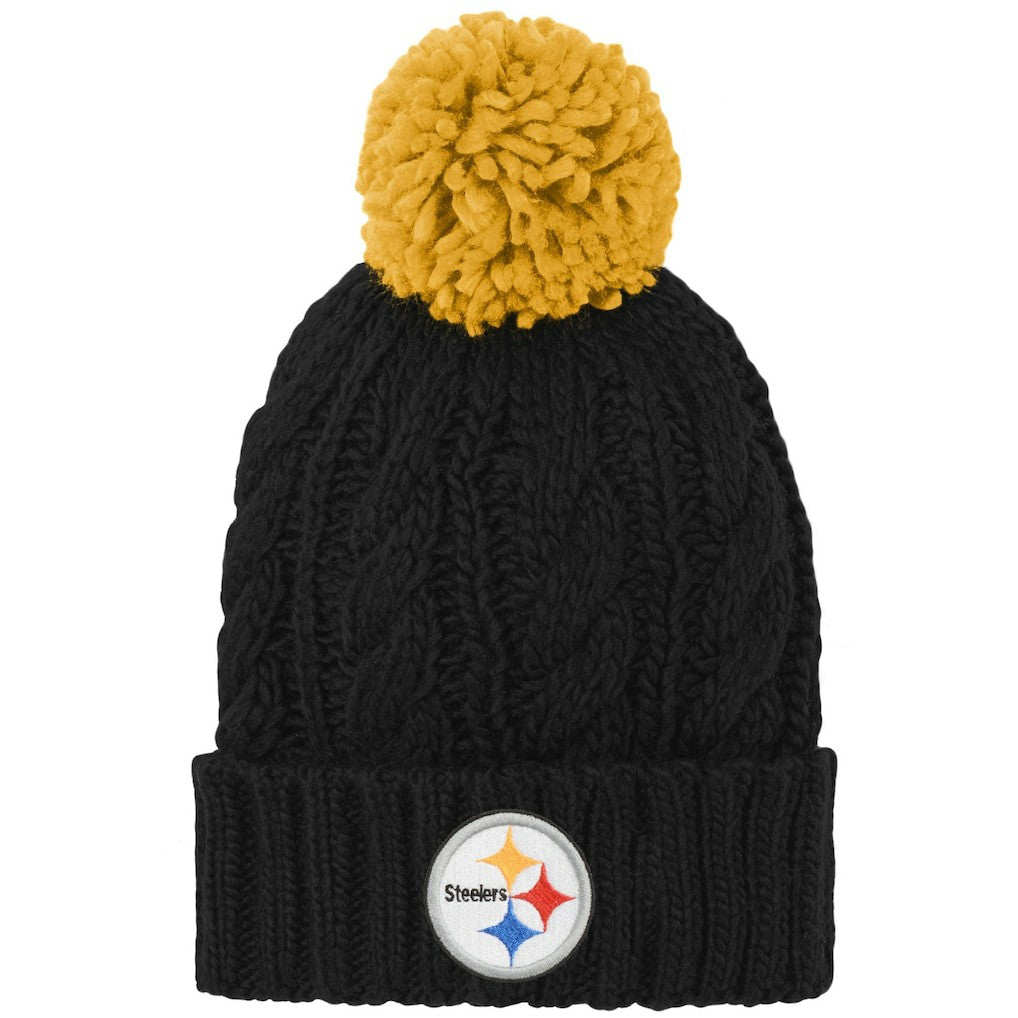 Pittsburgh Steelers Girls Youth Team Cable Cuffed Knit Hat with Pom | NFL Hot