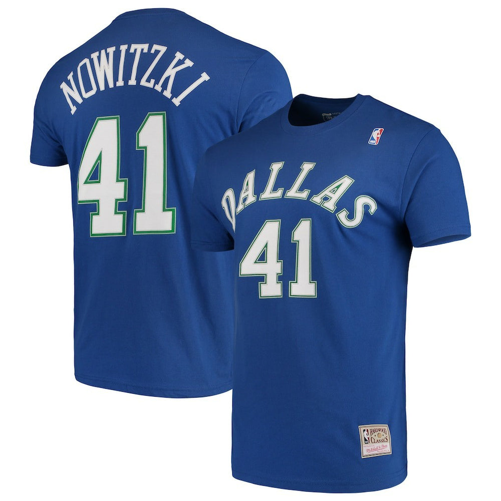 Blue Dirk Nowitzki Dallas Mavericks Hardwood Classics Team Name & Number T-Shirt sale | NBA