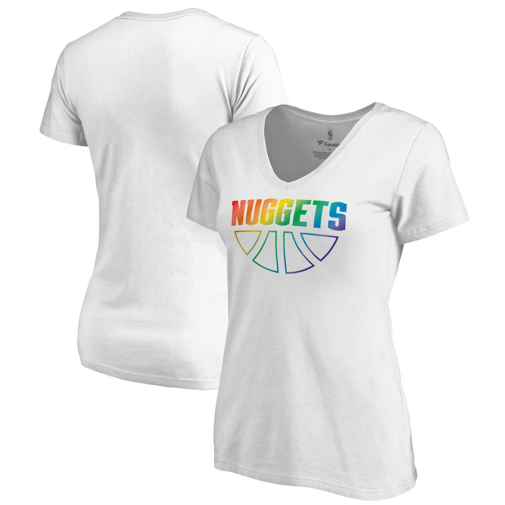 White Denver Nuggets Women's Team Pride Wordmark V-Neck T-Shirt sale | NBA