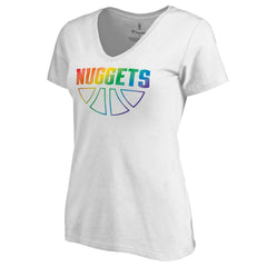 White Denver Nuggets Women's Team Pride Wordmark V-Neck T-Shirt sale | NBA