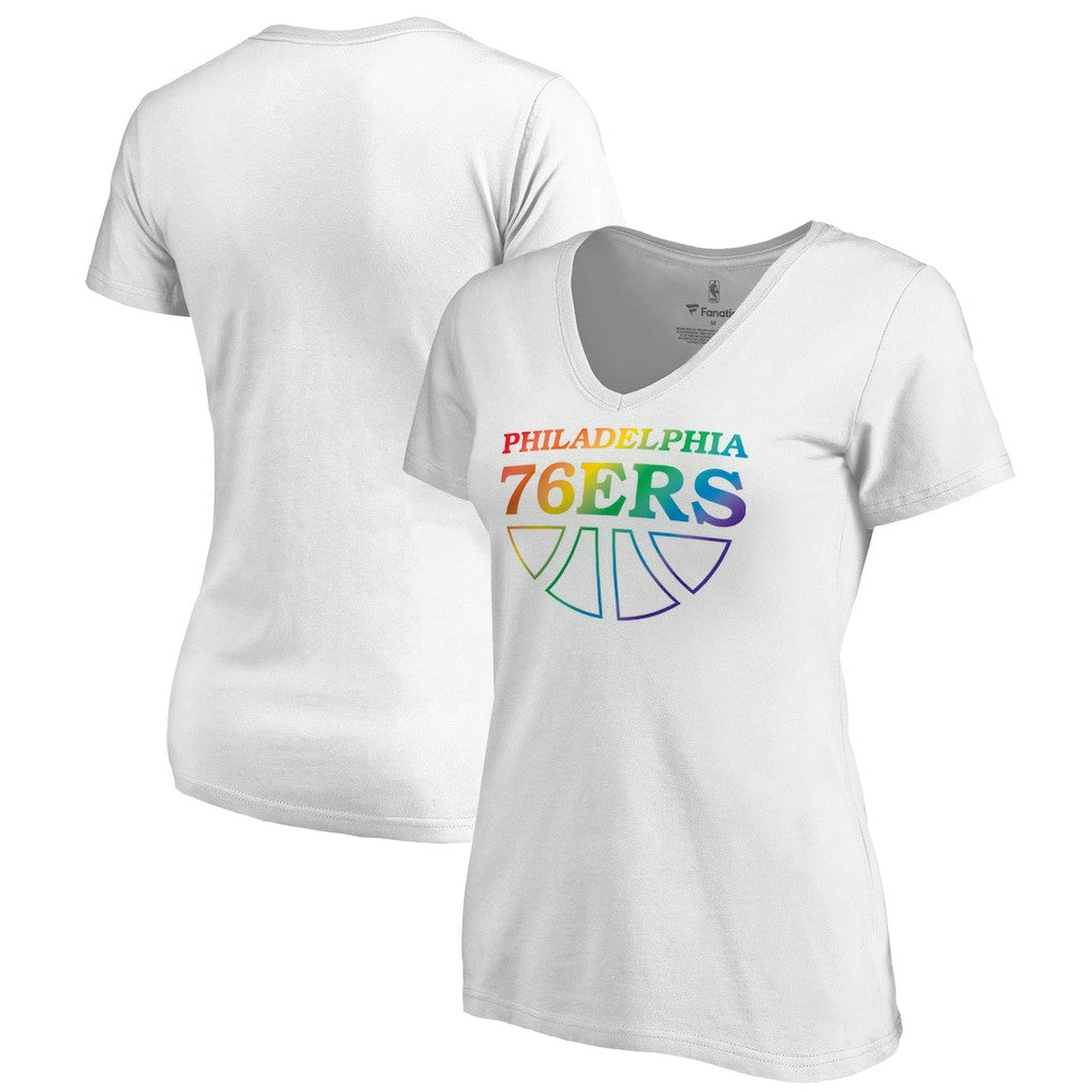White Philadelphia 76ers Women's Team Pride Wordmark V-Neck T-Shirt | NBA