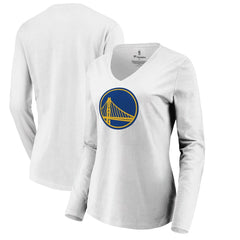 White Golden State Warriors Women's Primary Logo Long Sleeve V-Neck T-Shirt sale | NBA