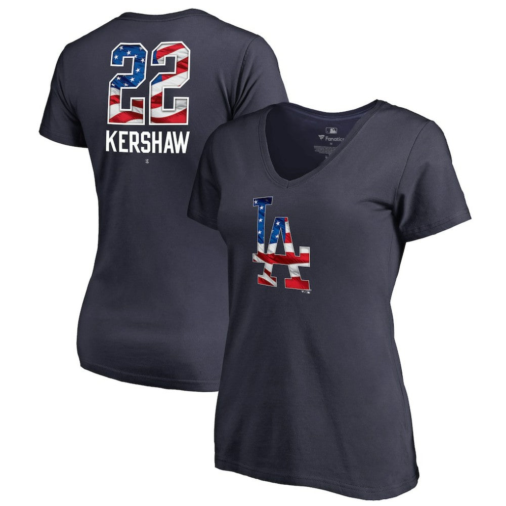Clayton Kershaw Los Angeles Dodgers Women's Banner Wave Name & Number V-Neck T-Shirt - MLB T-shirts