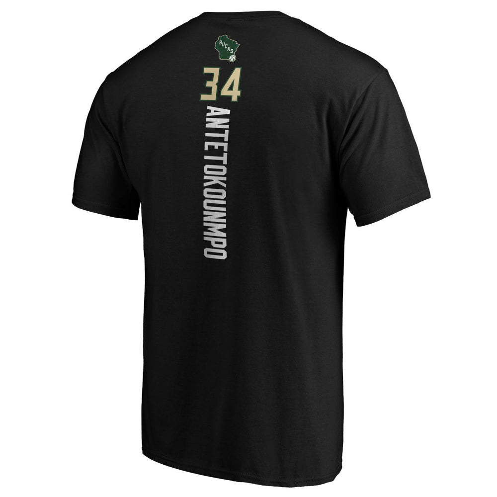 Black Giannis Antetokounmpo Milwaukee Bucks Team Playmaker Name & Number T-Shirt | NBA