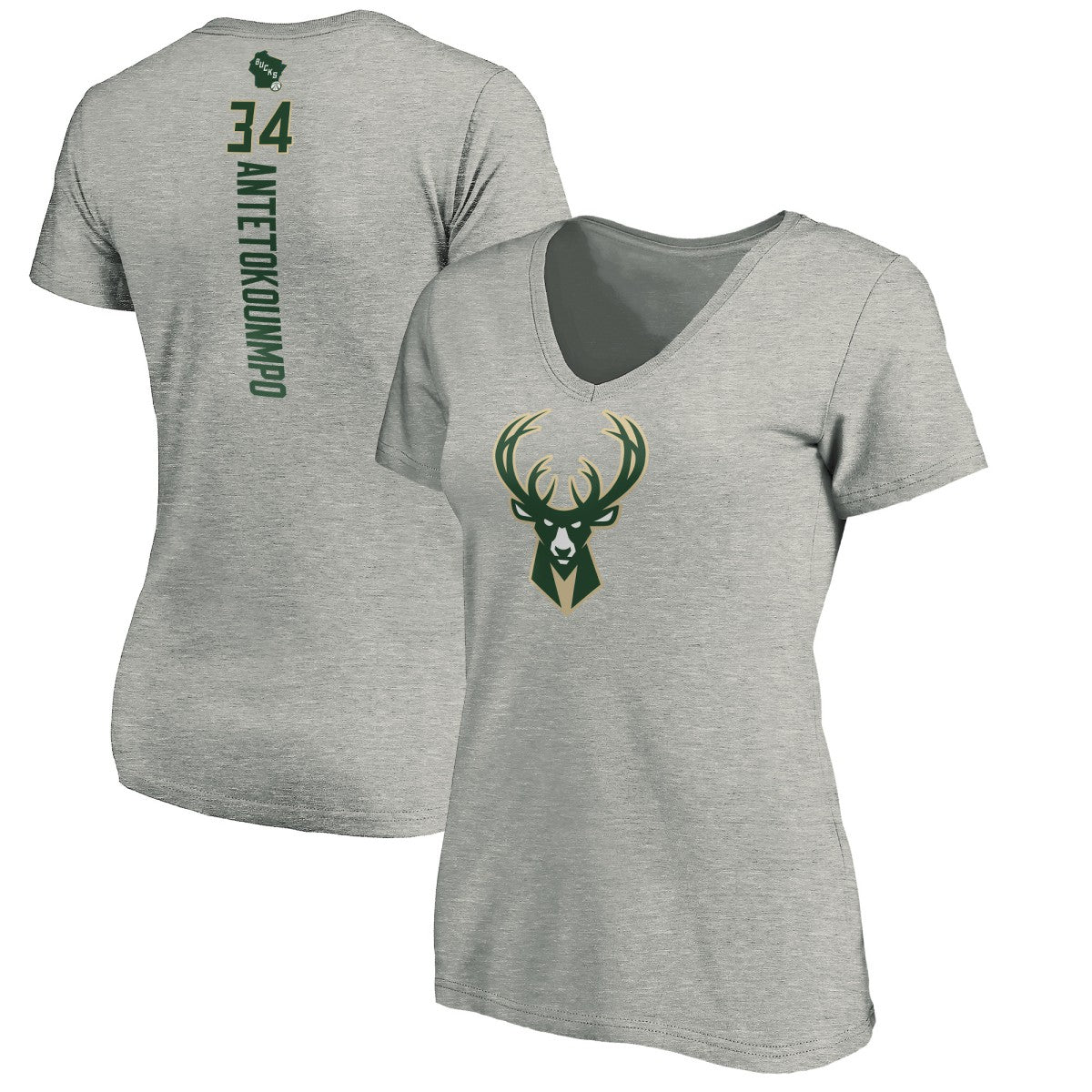 Heathered Gray Giannis Antetokounmpo Milwaukee Bucks Women's Playmaker Name & Number V-Neck T-Shirt | NBA