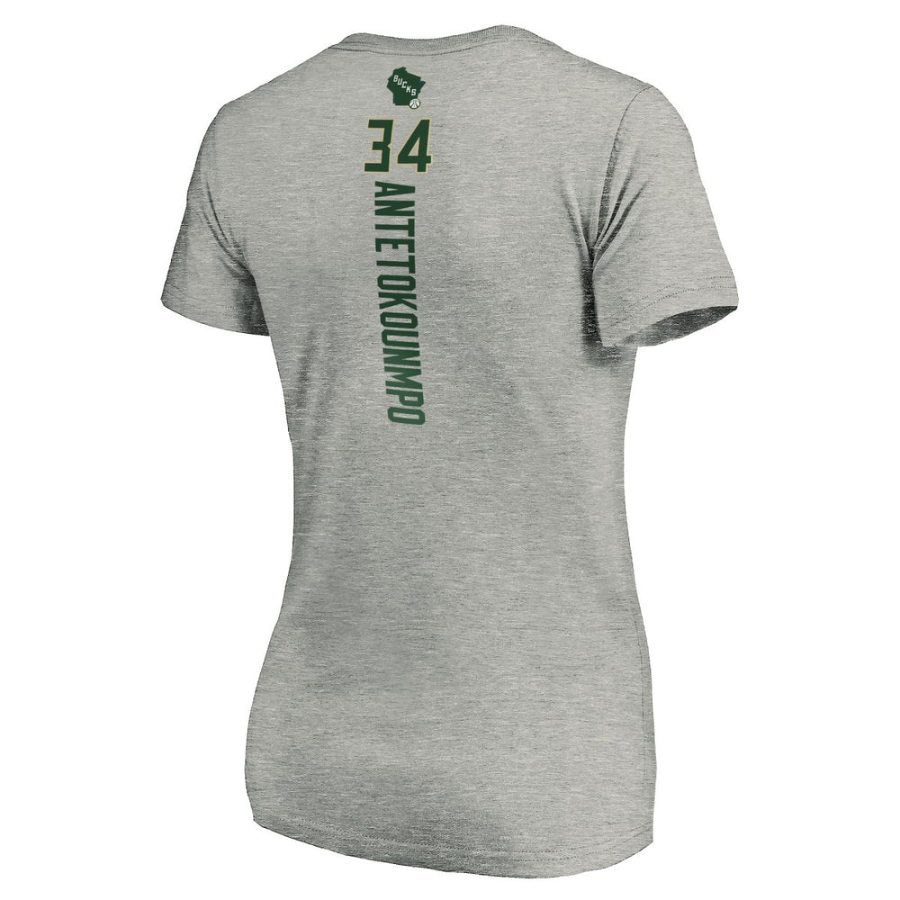 Heathered Gray Giannis Antetokounmpo Milwaukee Bucks Women's Playmaker Name & Number V-Neck T-Shirt | NBA