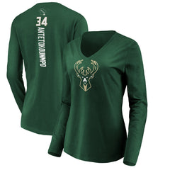 Green Giannis Antetokounmpo Milwaukee Bucks Women's Playmaker Name & Number Long Sleeve V-Neck T-Shirt | NBA