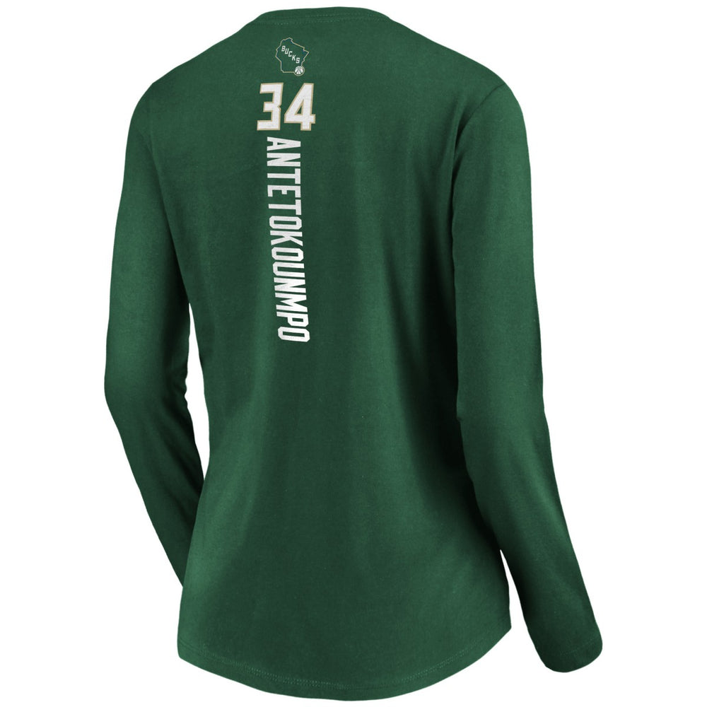 Green Giannis Antetokounmpo Milwaukee Bucks Women's Playmaker Name & Number Long Sleeve V-Neck T-Shirt | NBA