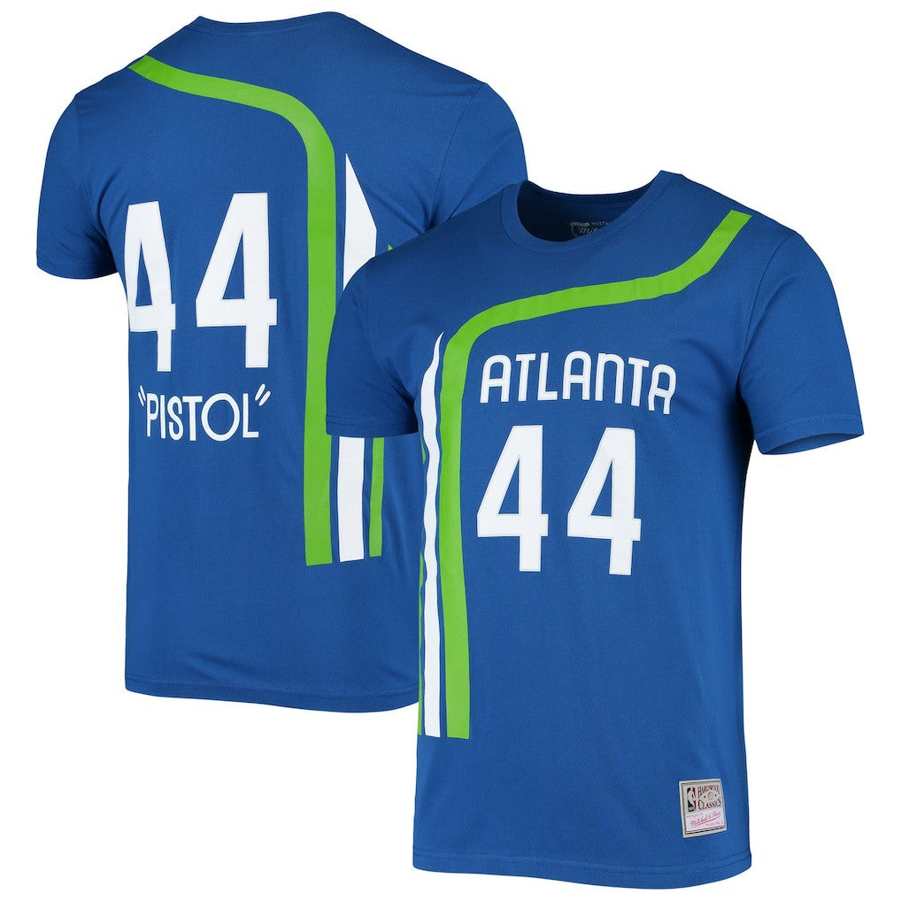 Blue Pete Maravich Atlanta Hawks Hardwood Classics Stitch Name & Number T-Shirt | NBA