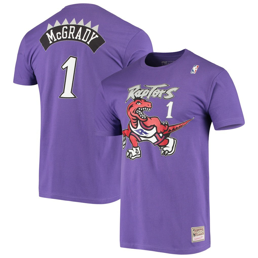 Purple Tracy McGrady Toronto Raptors Hardwood Classics Stitch Name & Number T-Shirt | NBA
