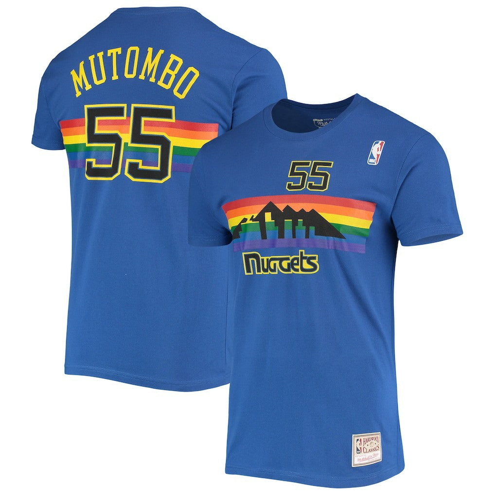 Royal Dikembe Mutombo Denver Nuggets Hardwood Classics Stitch Name & Number T-Shirt sale | NBA