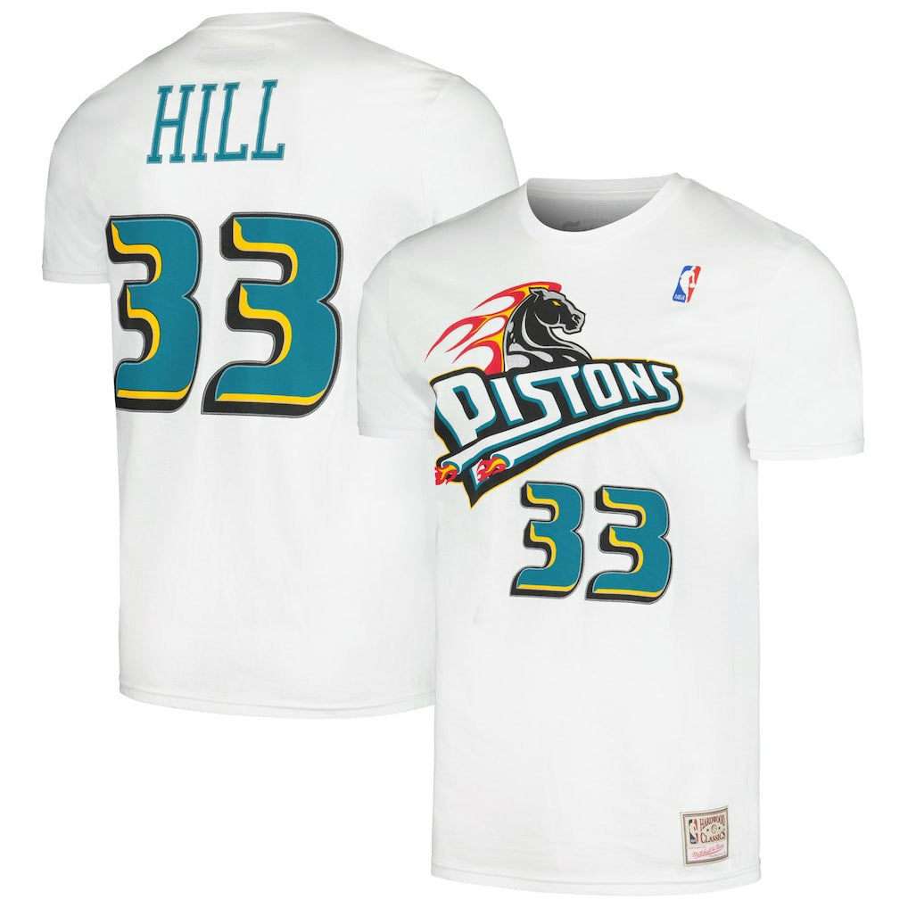 White Grant Hill Detroit Pistons Hardwood Classics Stitch Name & Number T-Shirt sale | NBA