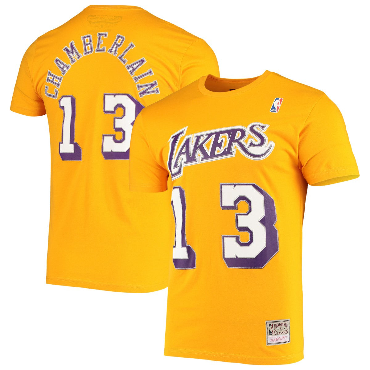 Gold Wilt Chamberlain Los Angeles Lakers Hardwood Classics Stitch Name & Number T-Shirt | NBA