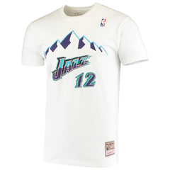 White John Stockton Utah Jazz Hardwood Classics Stitch Name & Number T-Shirt | NBA