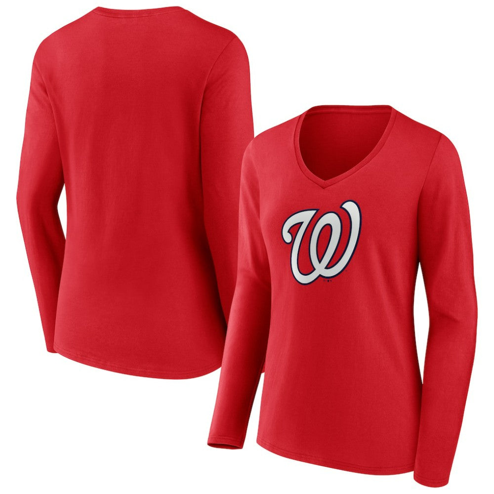 Washington Nationals Women's Official Logo Long Sleeve V-Neck T-Shirt - MLB T-shirts
