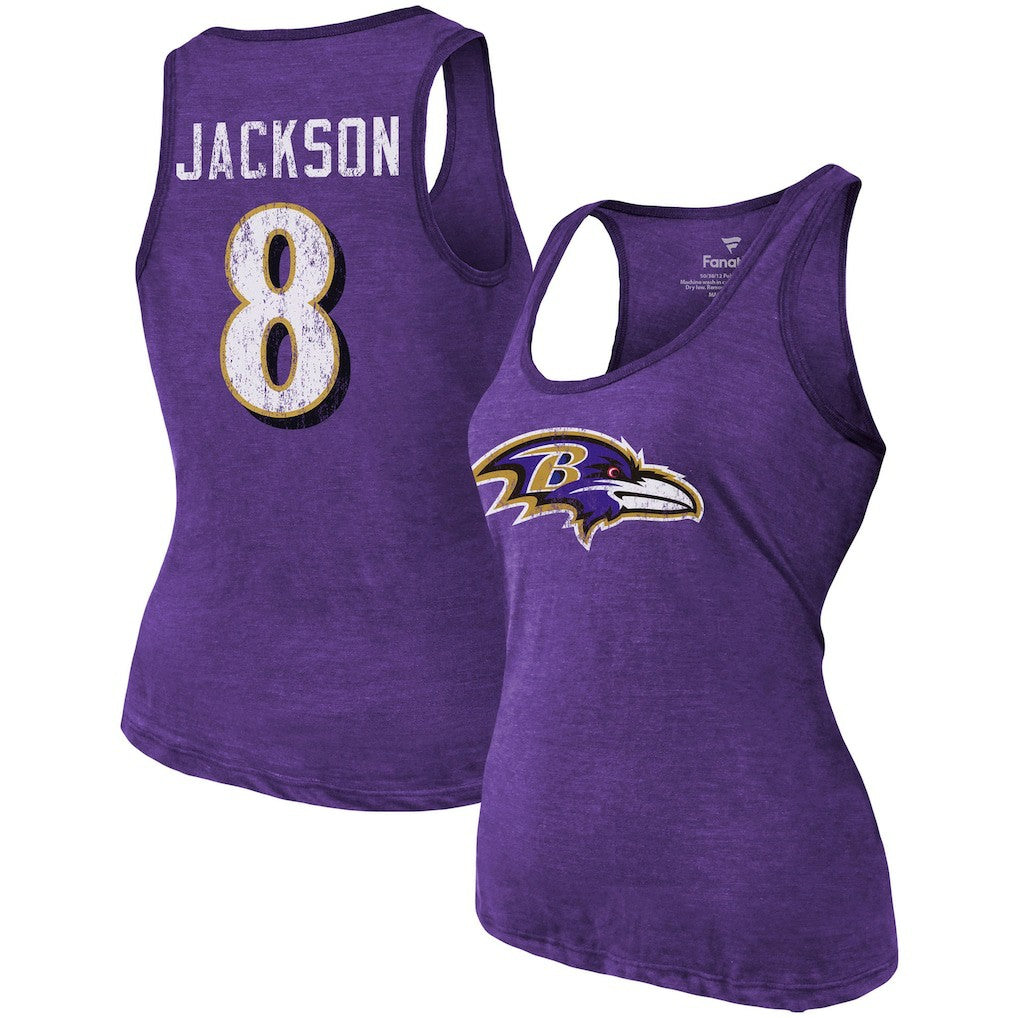 Baltimore Ravens Lamar Jackson  Majestic Threads Women's Name & Number Tri-Blend Tank Top | NFL Hot