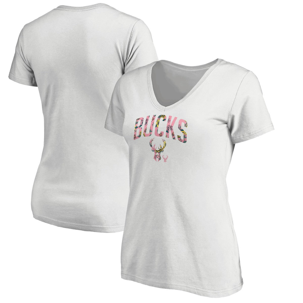 White Milwaukee Bucks Women's Floral Arch V-Neck T-Shirt | NBA