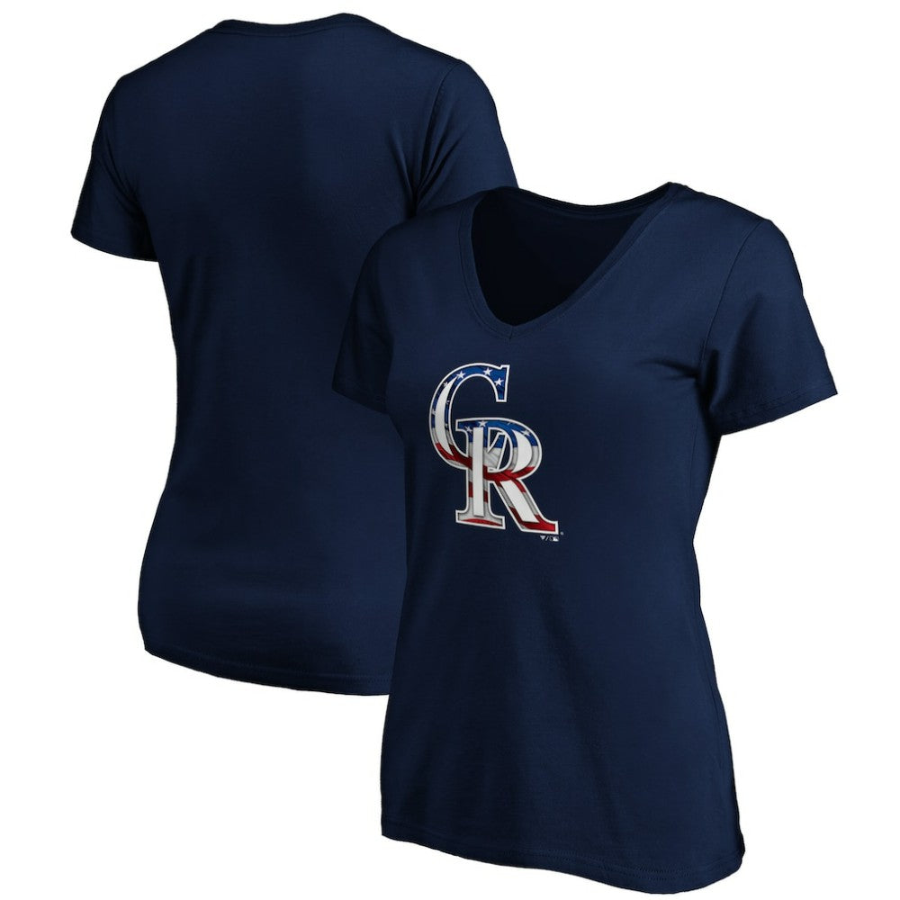 Colorado Rockies Logo Women's Banner Wave V-Neck T-Shirt - MLB T-shirts