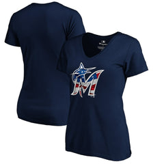Miami Marlins Logo Women's Banner Wave V-Neck T-Shirt - MLB T-shirts